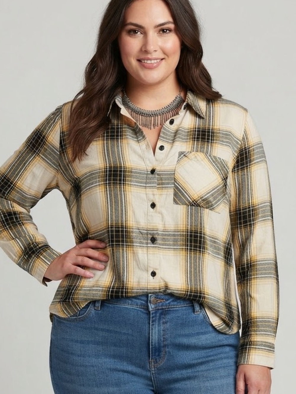 😊CLEARANCE - RICKI’S Yellow, Black & Cream Plaid Button-Down Shirt